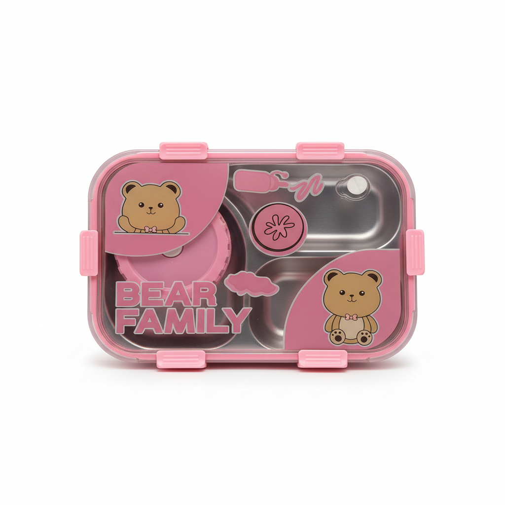 Bear Family Pink Lunch Box - Front View