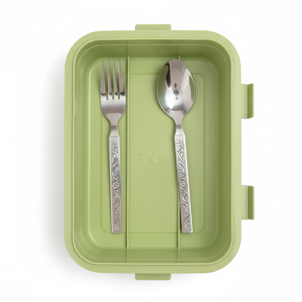 Close-up of fork and spoon in cutlery compartment
