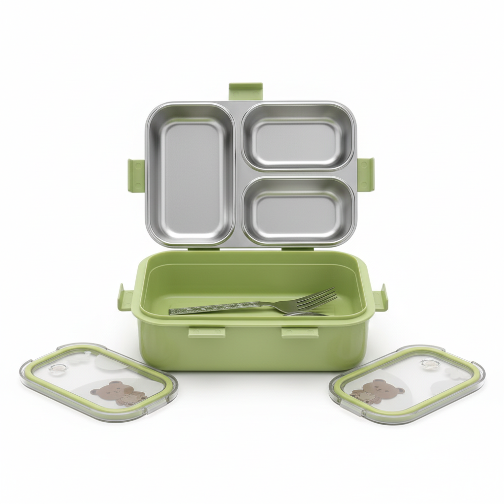 Front view of green lunch box with open compartments