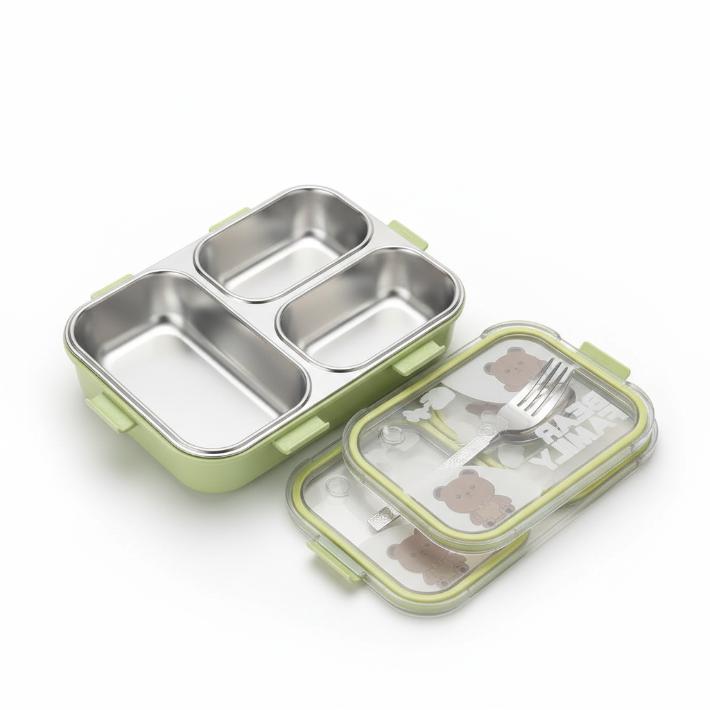 Professional product photo of green compartment lunch box