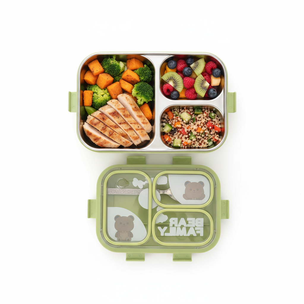 Top view of lunch box filled with healthy food